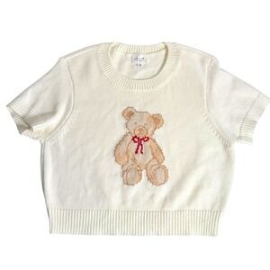 Le Lis Cream Teddy Bear Short Sleeve Sweater Cropped Medium coquette babydoll